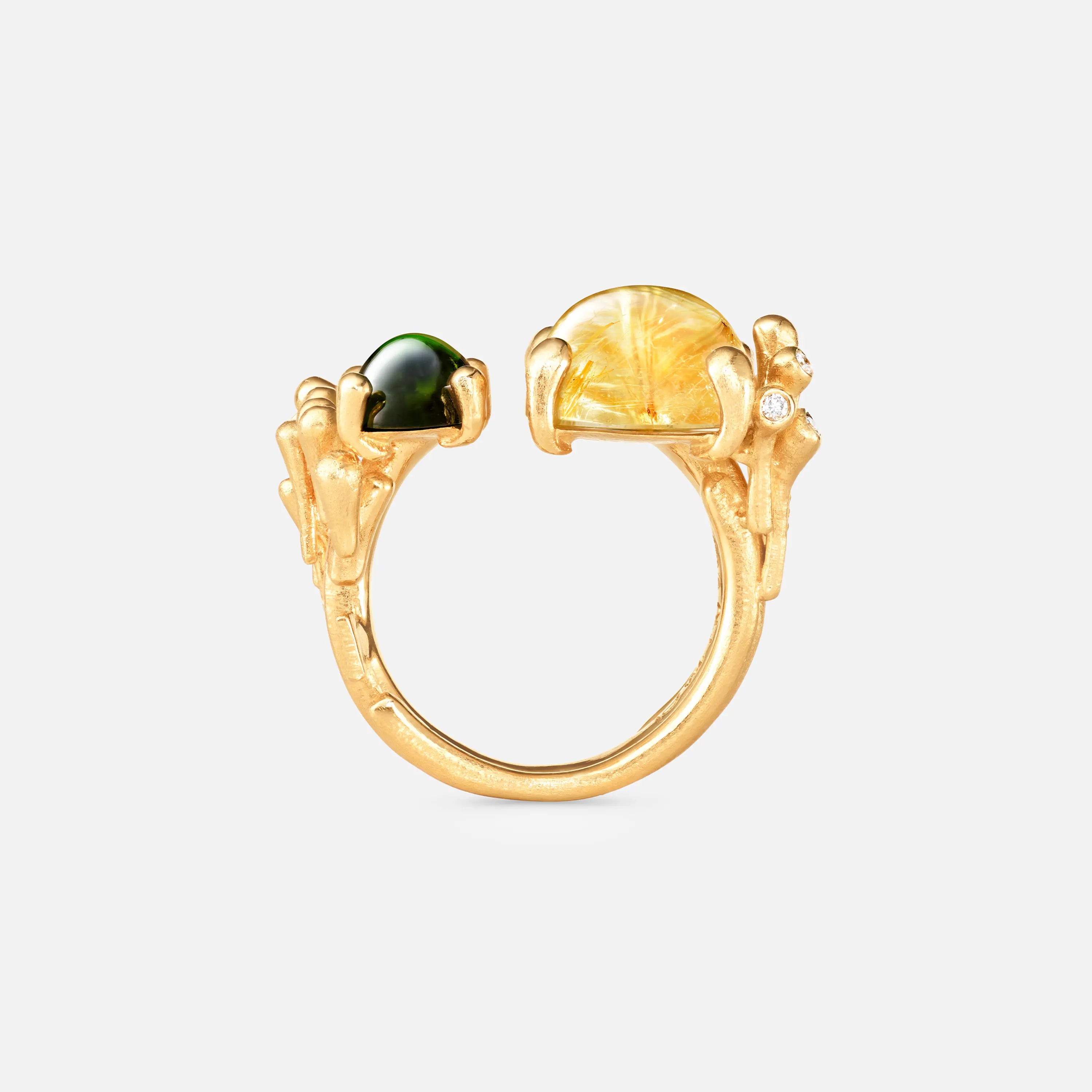 BoHo ring, gull med rutilkvarts og grønn turmalin