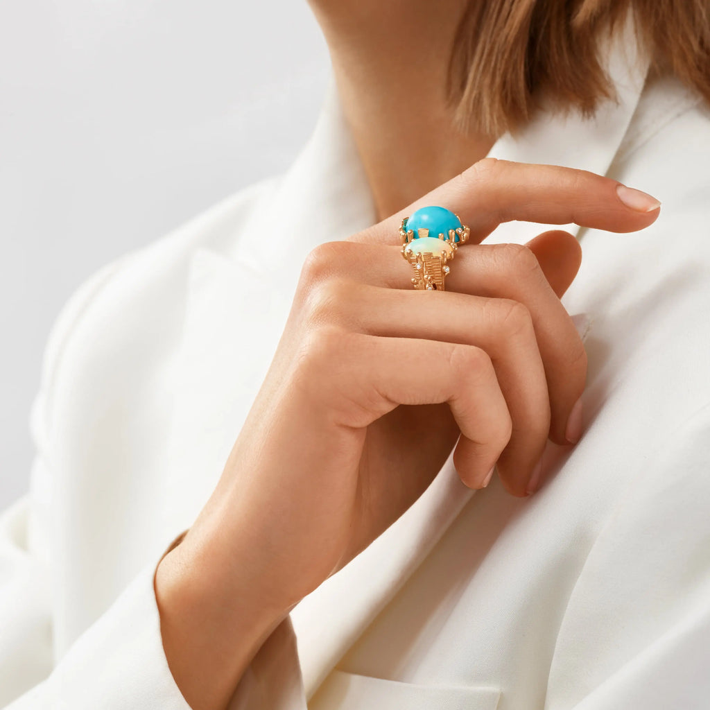 Boho ring, gull med turkis, opal og diamanter