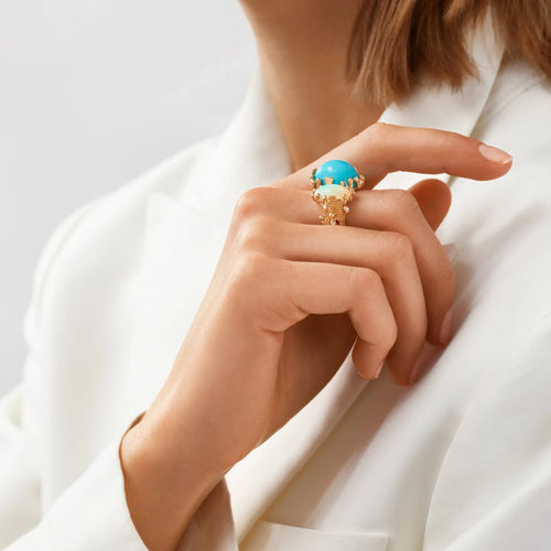 Boho ring, gull med turkis, opal og diamanter