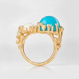 Boho ring, gull med turkis, opal og diamanter