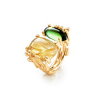 BoHo ring, gull med rutilkvarts og grønn turmalin