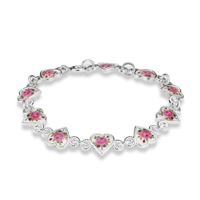 Armbånd med hvite hjerter og roser, sølv