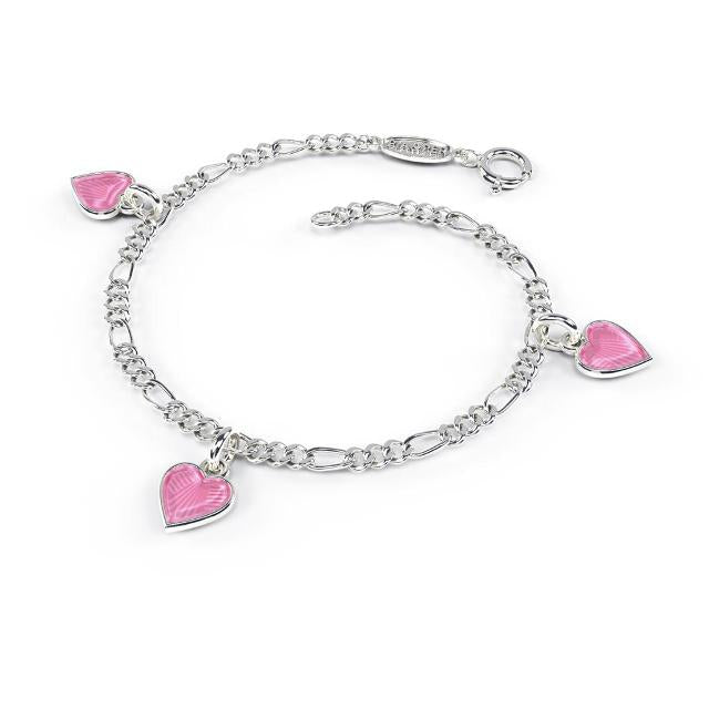 Armbånd med tre rosa hjerter, sølv