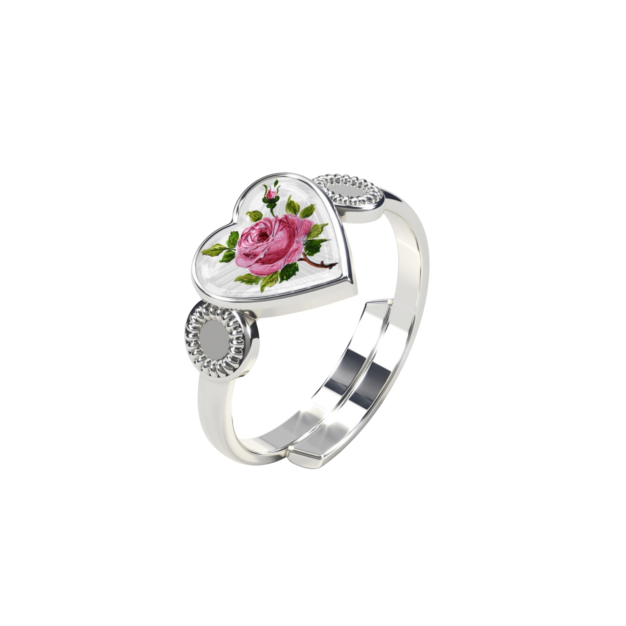 Arne Nordlie Ring med hvitt hjerte og rose, sølv