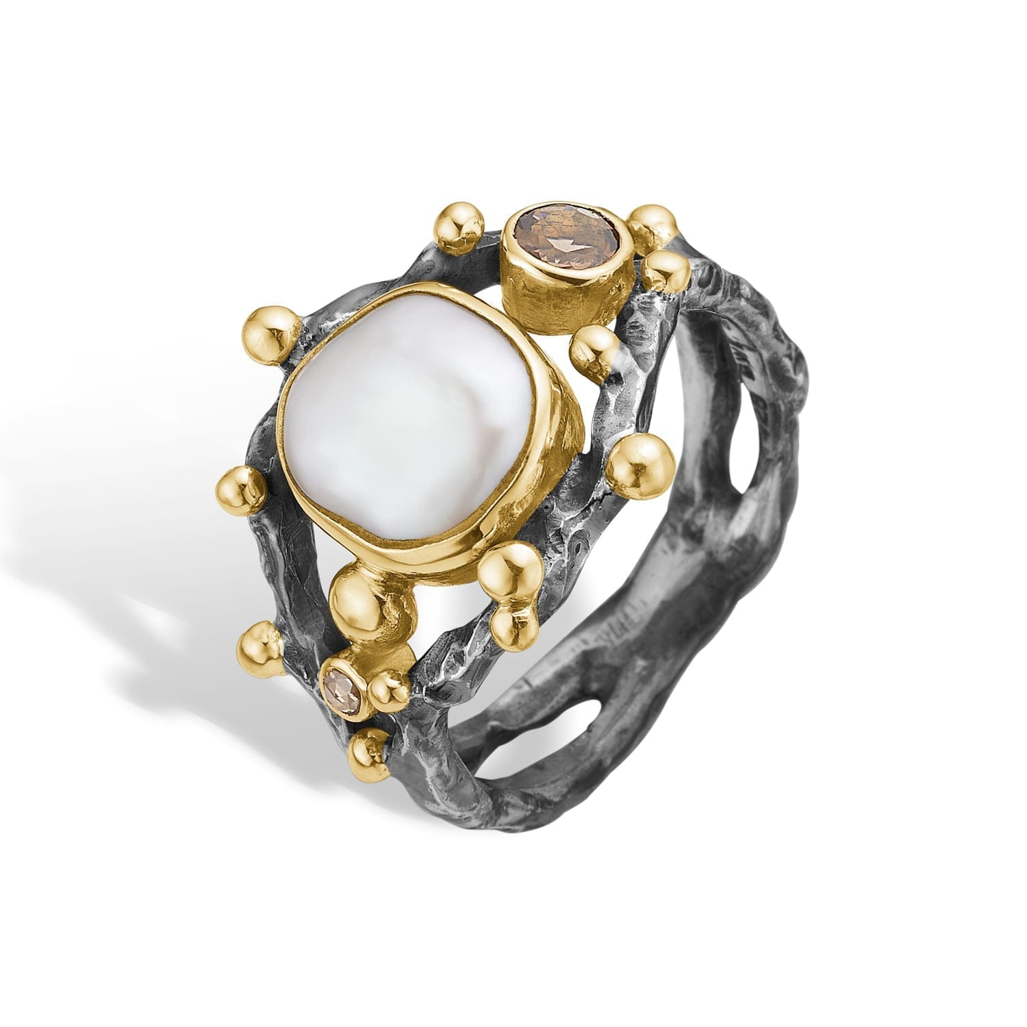 By Birdie Zinnia ring, sølv med perle og diamanter