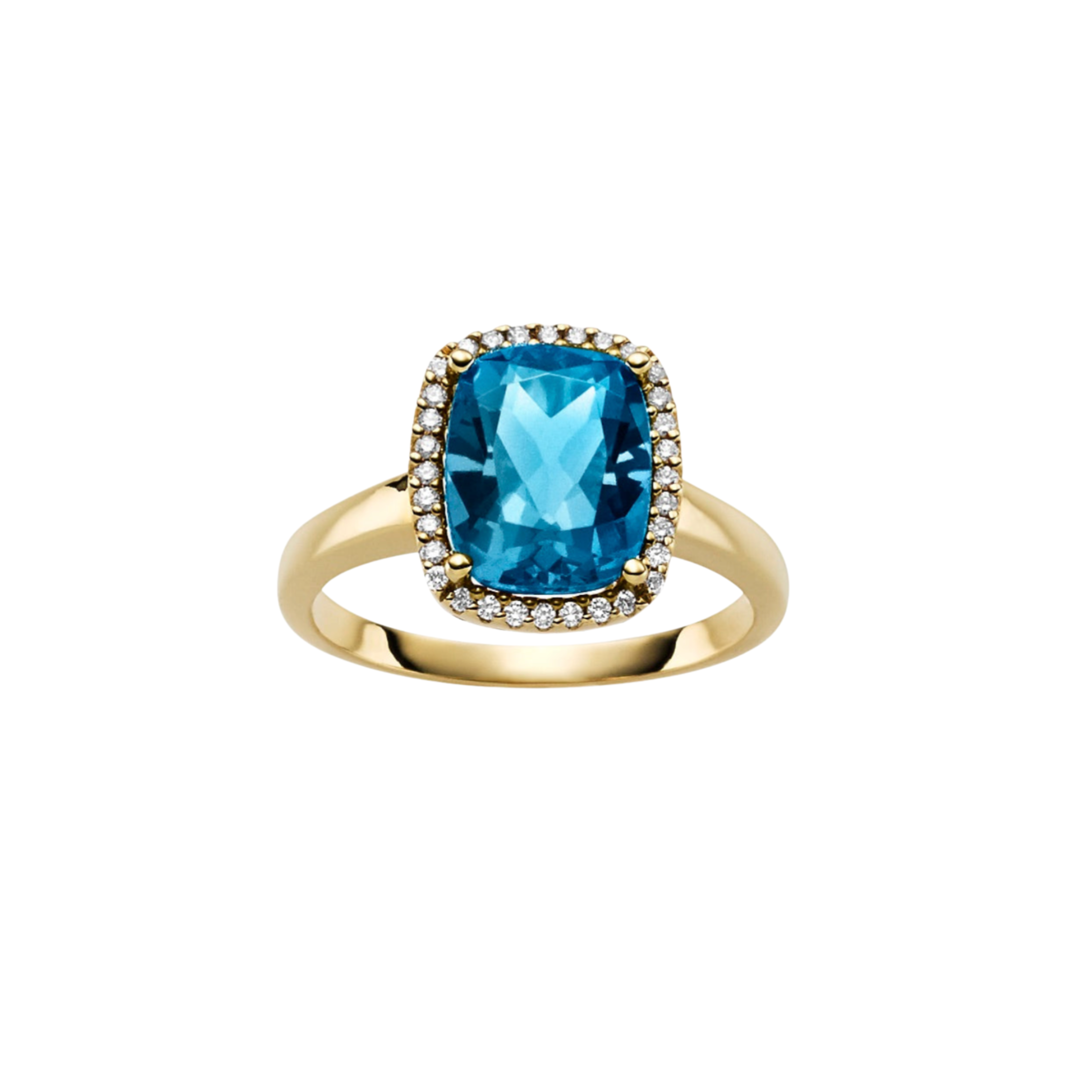 Gullhagen Ring, gull med London blue topas og diamanter