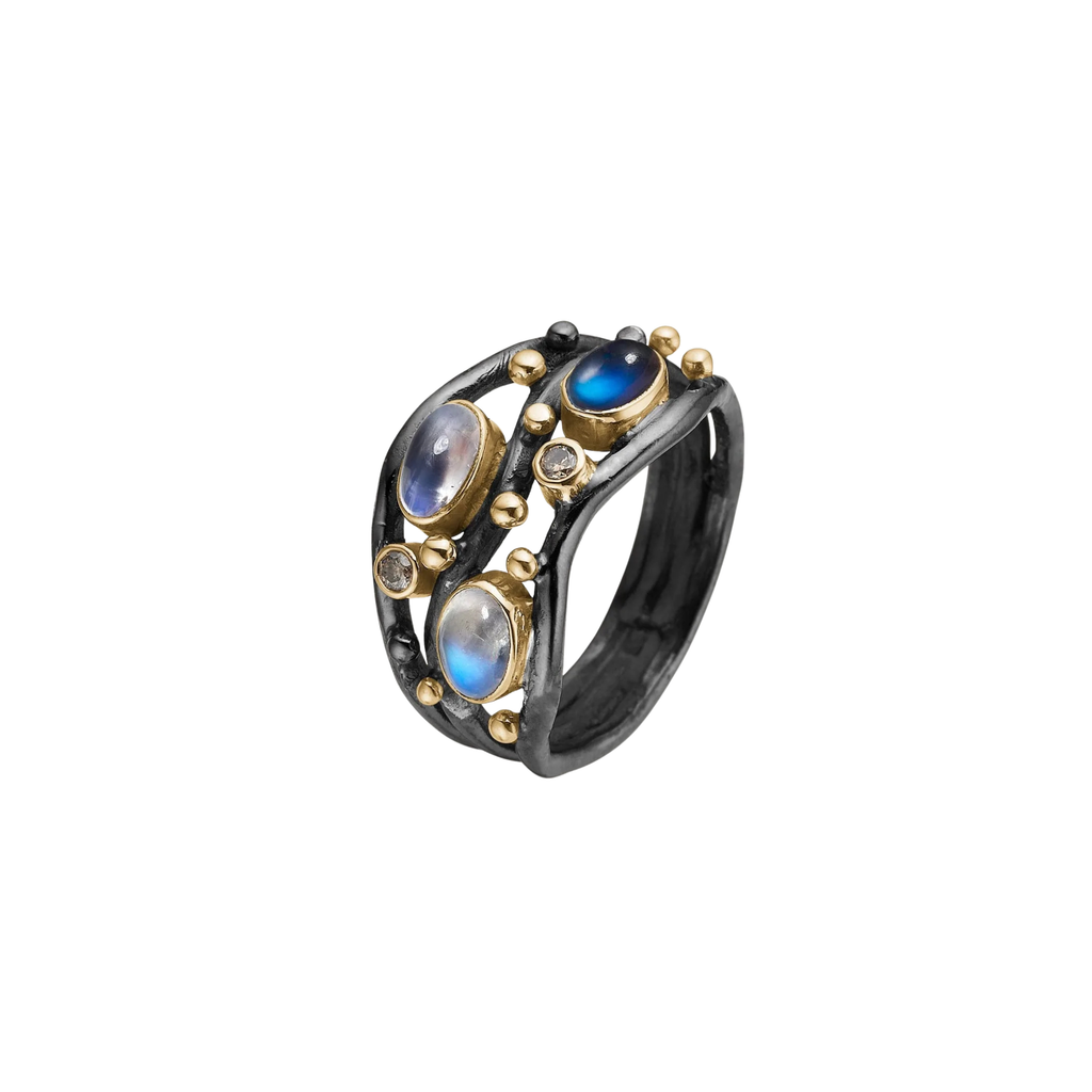 Nautilos Blue ring, oksidert sølv med månestener og diamanter