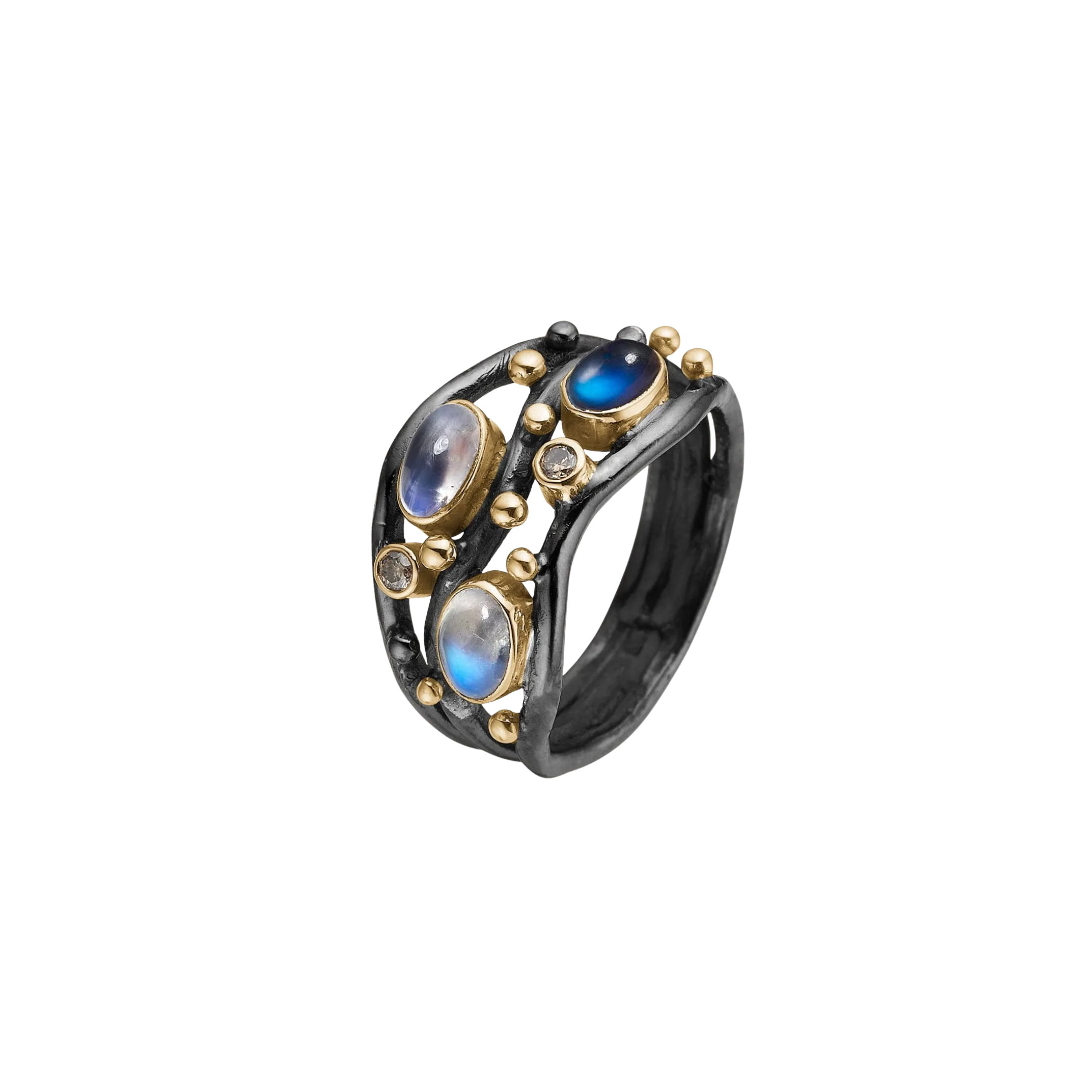 Nautilos Blue ring, oksidert sølv med månestener og diamanter