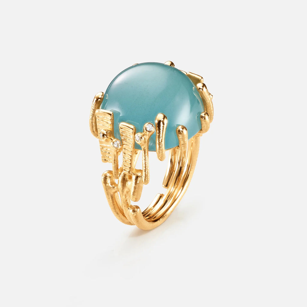 Ole Lyngaard Copenhagen BoHo blå akvamarin ring stor, gull og diamanter