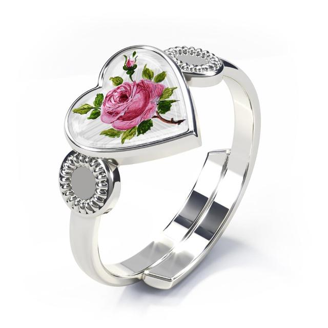 Ring med hvitt hjerte og rose, sølv