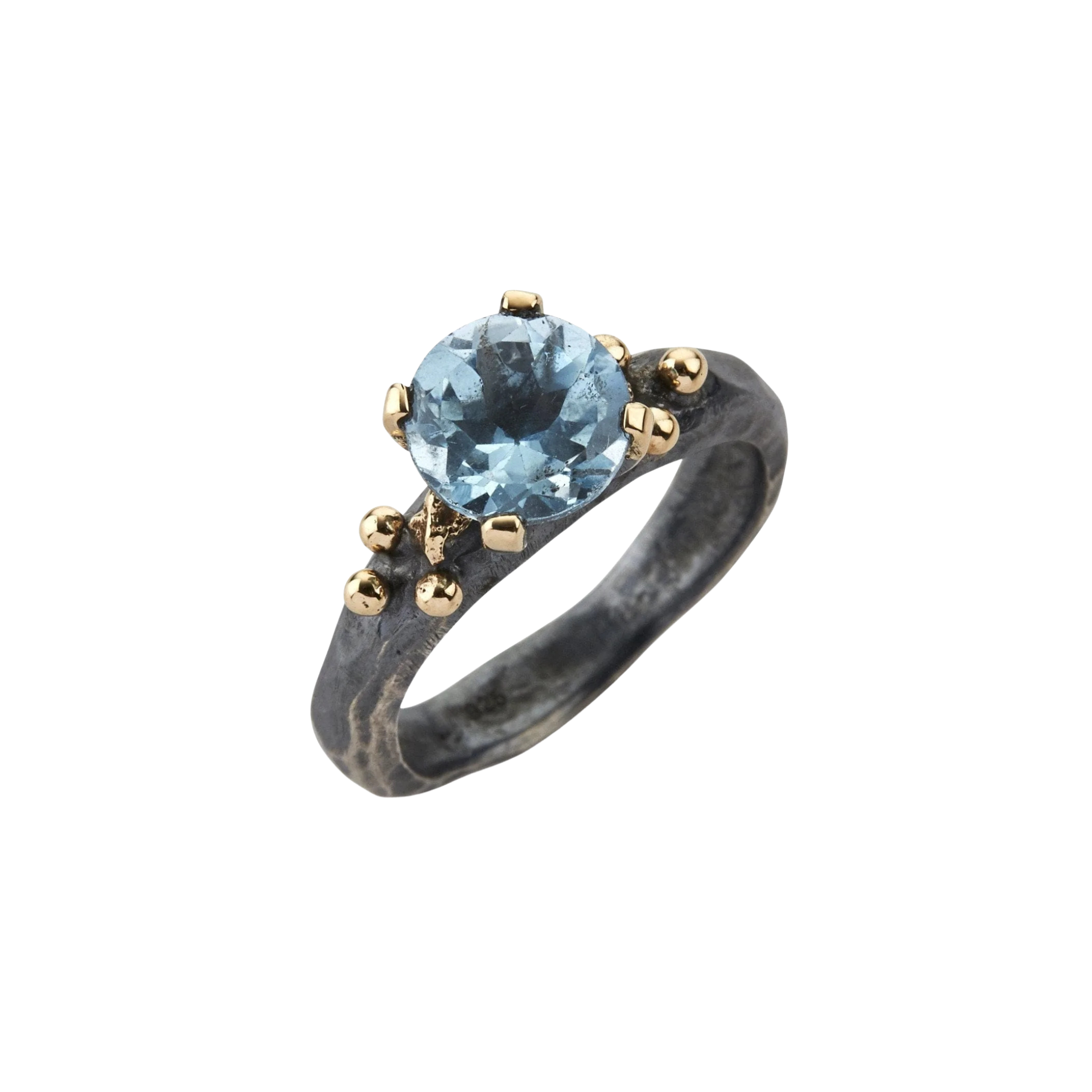 Rockefeller Blue ring, oksidert sølv med gullkuler og akvamarin