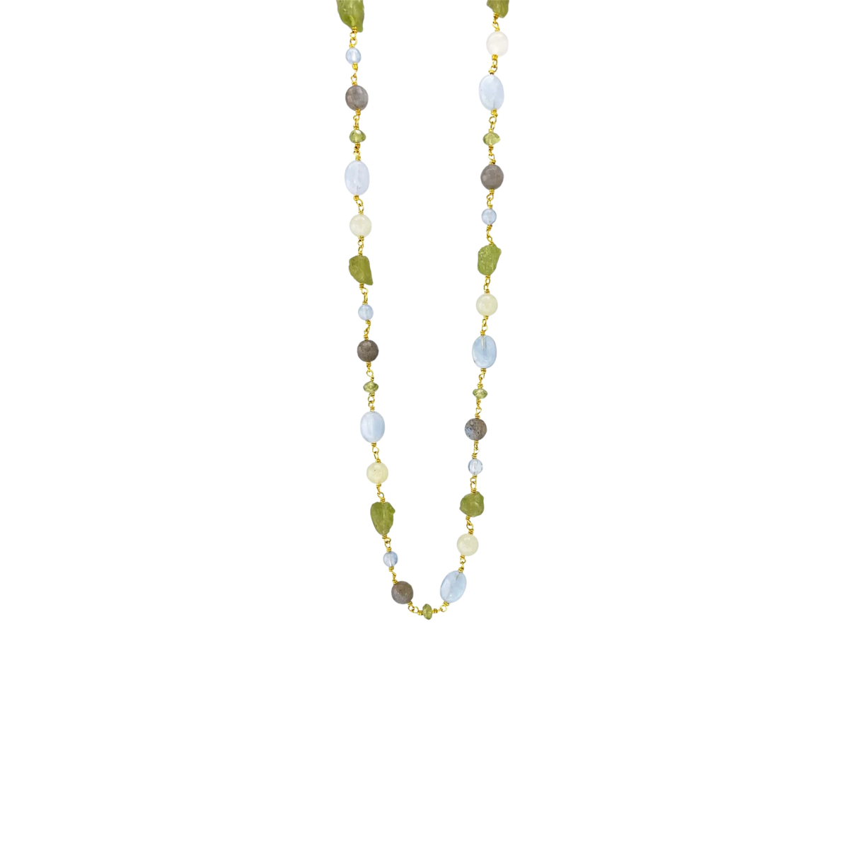 Susanne Friis Bjorner Halskjede med akvamarin, labradorit, serpentin og peridot, forgylt sølv