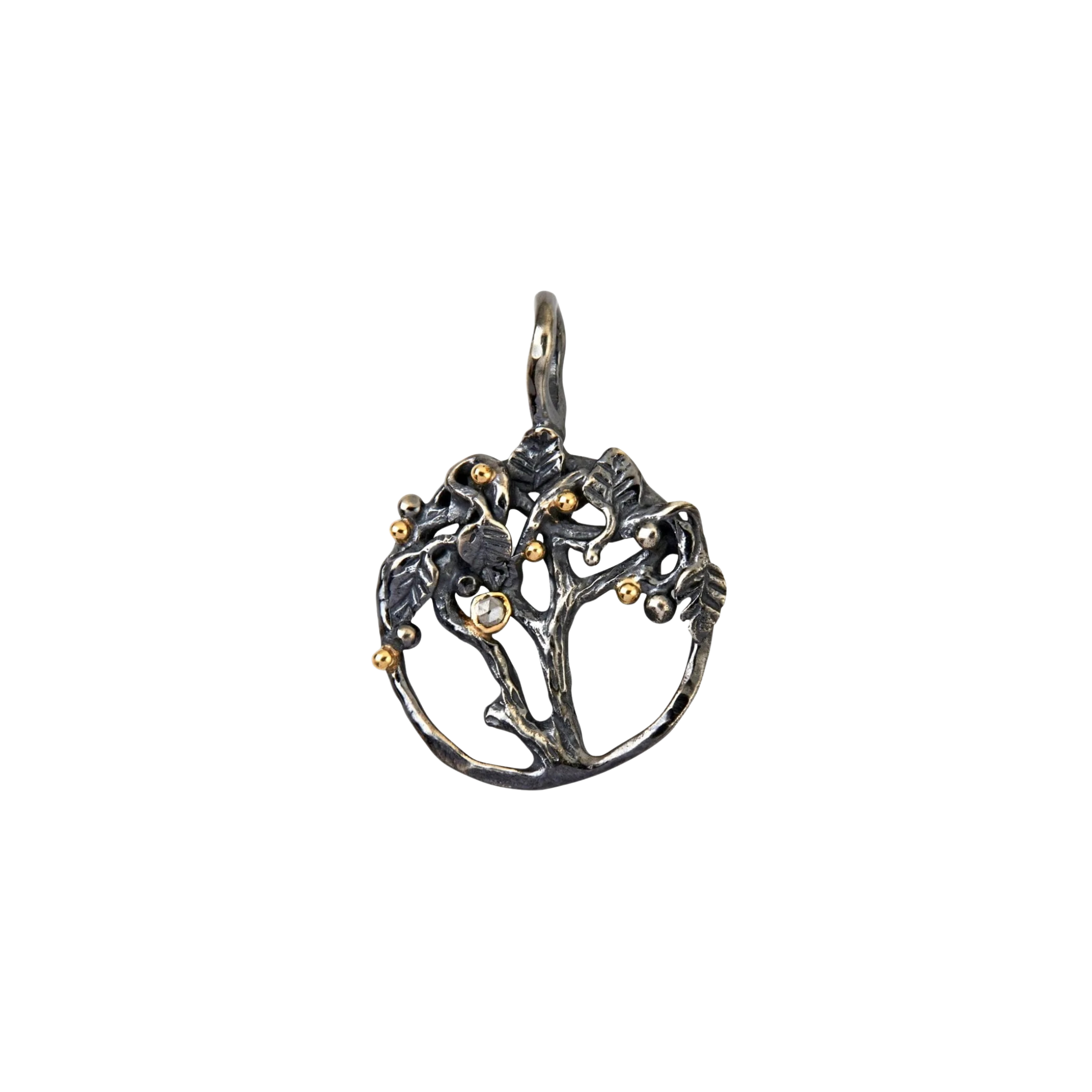 Tree of Life Small anheng, rhodinert sølv og gullkuler og diamant